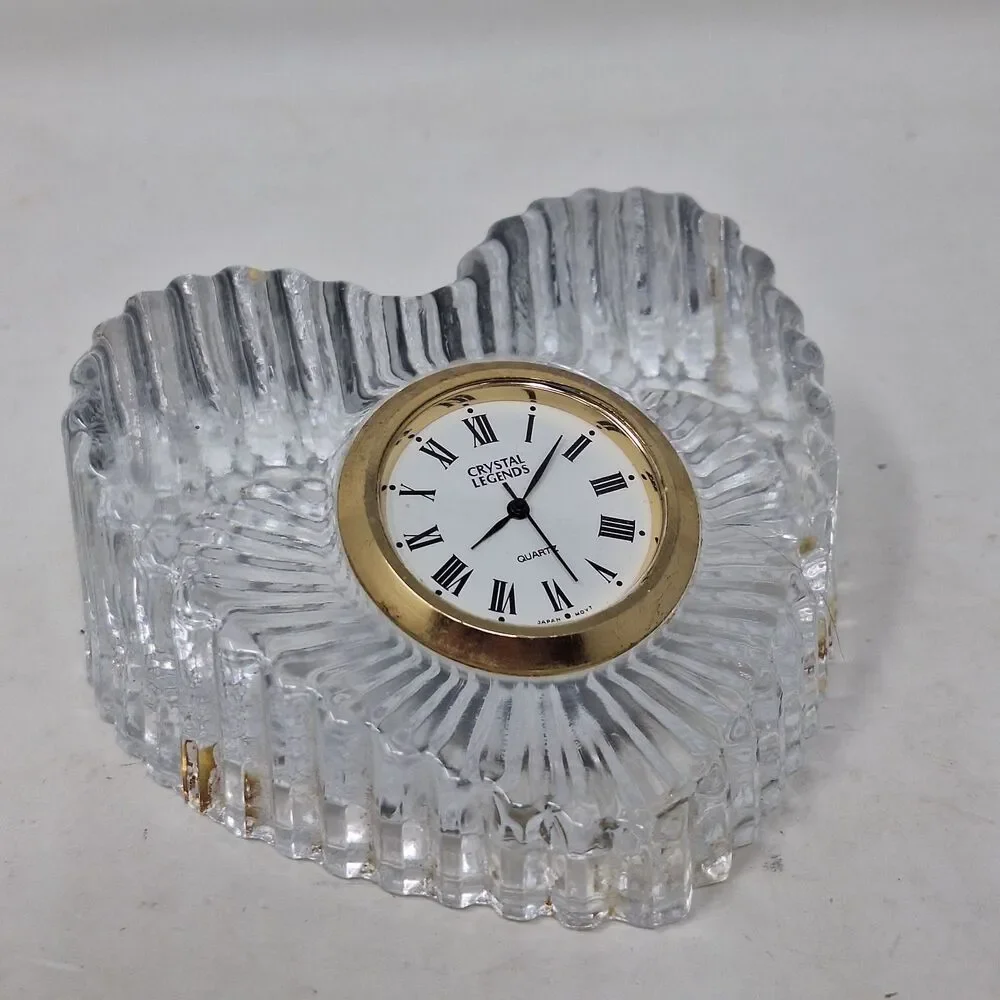 Vintage Godinger Lead Crystal Legends Heart Shaped Desk Clock Gold Bezel Decor
